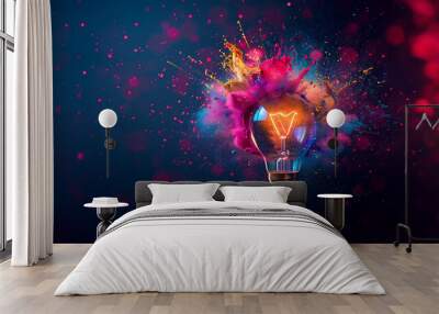 Innovative Explosion: Creative Light Bulb Bursting with Colorful Paint. Creative Idea Concept. Wall mural