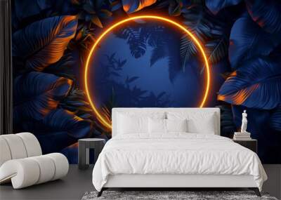 orange neon circular light amid exotic foliage Wall mural