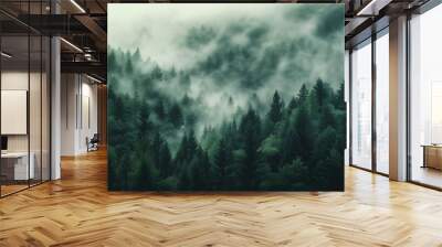 Serene Foggy Forest: Vintage Landscape with Mist Wall mural