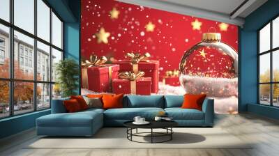 Vibrant Red Background Featuring a Holiday Ornament, Snowy Gifts, and Shimmering Golden Stars Wall mural