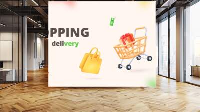 3d discounted shipping. Online shopping promotion banner, shop logistics or fast speed delivery concept commerce mobile app market render cart Wall mural