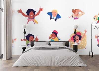 Above people looking up. Happy characters look-up hope, above heads teenagers indicates top view youth man student young woman overhead cartoon person, classy vector illustration Wall mural