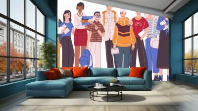 Adolescent group. Traditional university students or school classmates, teenager multicultural community highschool, diverse modern college teen people, recent vector illustration Wall mural