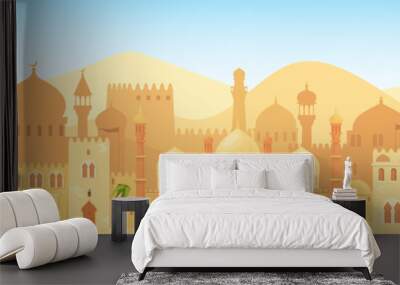 Arabic city view. Old islamic castle cityscape panorama, muslim city oman morocco marrakech saudi cities background, ancient mosque houses silhouette, neat vector illustration Wall mural