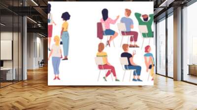 Audience back view. Behind crowd standing people group looking backside leader on rally event concert, human person stand-up or sit chair waiting meeting classy vector illustration Wall mural