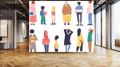 Behind standing people. Man and woman back view, rear side human body backside teen style guy or stand girl workers posterior children friends collection classy vector illustration Wall mural