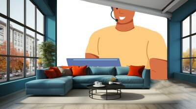 Black man in headset working on laptop. Freelancer character Wall mural