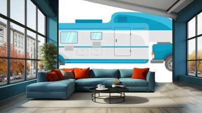 Blue car with trailer. Modern transporter campers, icon flat vector illustration Wall mural