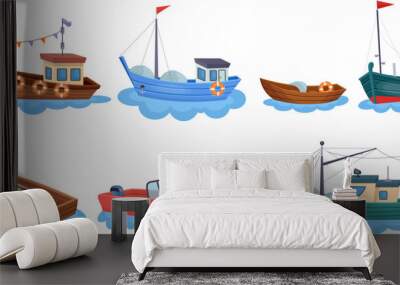 Boats with fishing nets. Fisherman boat marine ship sea ocean fisheries for fish production industrial seafood shippings water vessel fishery towboat, neoteric vector illustration Wall mural