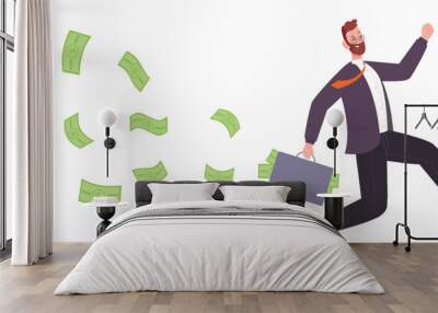 Businessman running with briefcase full of money. Rich character Wall mural