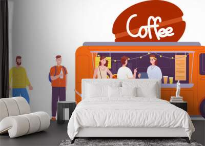 Cafe queue. People long line wait fast food coffee drinks at takeaway restaurant, crowd business customer waiting for buy burger snack fastfood counter splendid vector illustration Wall mural