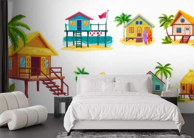 Cartoon beach houses. Shack house on beachfront, tiki bar cabin hut bungalow country building cottage in caribbean or australia island Wall mural