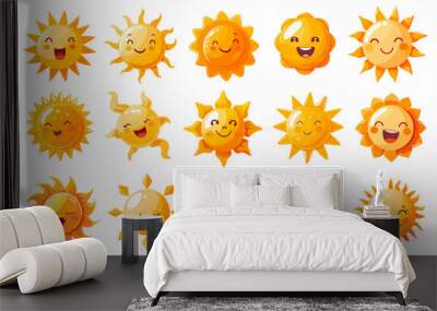 Cartoon cute suns icons, funny smile sun character face comic sunshine happy emotion sunlight solar weather set isolated vector illustration Wall mural