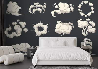 cartoon dust clouds. comic cloud shape, spray air smoke, fog road, explosion bomb, car gas, puff mag Wall mural