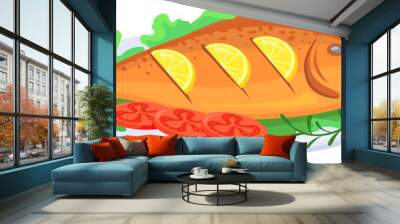 Cartoon fish plate. Grilled sea food dish Wall mural