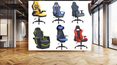 Cartoon gaming chairs. Ergonomic game chair for pro sitting gamers work in home desk computer or office gaming station, games store professional equipment neat illustration Wall mural