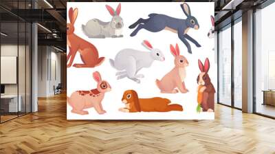 Cartoon hares poses. Wild spring gray hare with carrot, cute bunny running sleeping or standing jackrabbit, white brown easter rabbits collection Wall mural