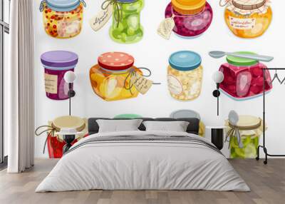 Cartoon homemade jams. Berries jam jars preserve marmalade bread toast breakfast, various stew fruit jelly gourmet dessert seasonal conserve meal, neoteric set vector illustration Wall mural