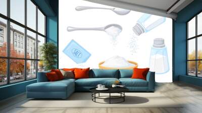 cartoon pouring salt. spoonful glass saltshaker, sodium foods condiments bottle salty shaker pour wh Wall mural