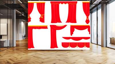 Cartoon red curtains. Trendy luxurious curtain clipart for vintage live opera stage or cinema theater, standup show decor Wall mural