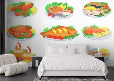 Cartoon seafood plate. Sea food dishes, cooking fish barbecue, dinner baked salmon, mediterranean shrimp, cooked lobster lunch, crab salad, steak octopus set neat vector Wall mural