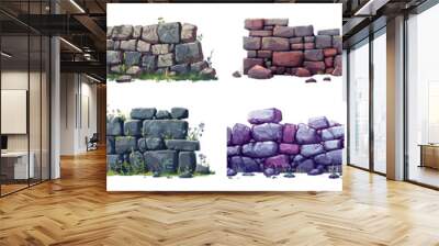 Cartoon stone wall set. Destroyed ruin ancient castle old rock tower brick fence boulder border vector illustration Wall mural