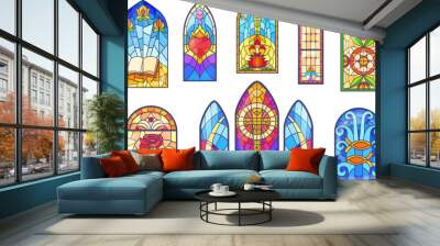 Church stained glass. Stain glasses window of gothic temple or europe cathedral, arc mosaic painted windows with cross roses heart Wall mural