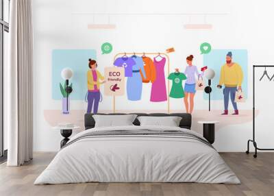 Clothing sustainable fashion. Eco friendly technologies retail fashionable product, ethical bright scene buy recycling textile technology, png illustration Wall mural