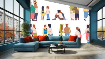 Couple back view. Man and woman together rear viewing, lovers sitting on rendezvous, 2 love person walk romantic dating, behind stand enamored characters classy vector illustration Wall mural