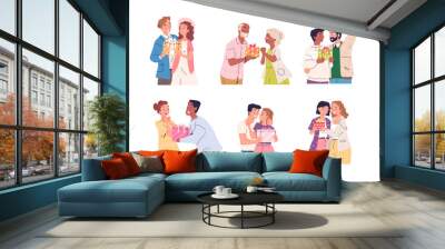 Couple giving gift. Couples gifting, guy give present to girlfriend, friend boyfriends or romantic lovers surprise, woman getting gifts on anniversary, classy vector illustration Wall mural