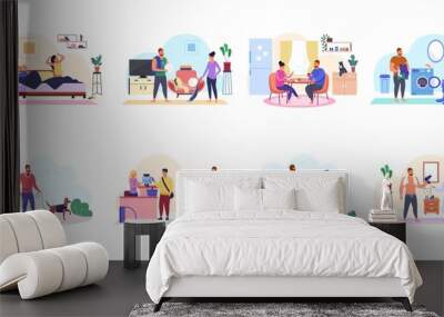 Couple life routine. Everyday life people, couples lives daily walk bicycle, clean house, awake morning after sleep boyfriend or partner, eat home food, garish vector illustration Wall mural