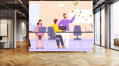 Coworkers discussion workplace. Colleagues company collaboration, employee group talk argument to clients in comfortable work office, coworkers communication vector illustration Wall mural