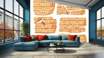 Cuneiform. Ancient inscription, old sumerian writing carving on stone or clay tiles, number symbol and texts babylonian language mesopotamia relic tablet recent vector illustration Wall mural