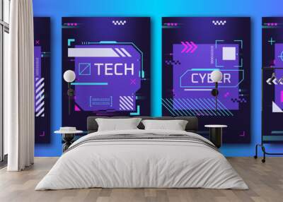 Cyberpunk glitch posters. Cyber bug digital effect glitchy screen, retro synthwave dj rave 90s, data virus hud tech minimal chaos led glow dark banner art flyer vector illustration Wall mural