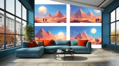 Desert nomads cartoon vector scenes. Two men camel arab egyptian bedouins sand sun pyramid dune ancient landscape merchants traders travelers characters concepts illustrations Wall mural