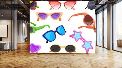 Different sunglasses. Cartoon sun spectacles, colorful glasses lens summer beach eye glass accessories metalic eyeglasses black eyewear aviator style neat specs vector illustration Wall mural