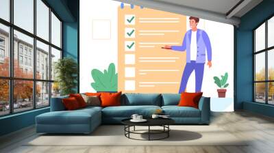 Done conclusions. Businessman holding pencil and do checkmark on whiteboard survey questionnaire progress or project completion, finish work task goal concept vector illustration Wall mural