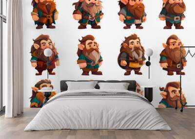 Dwarf characters set. Fairy tale gnome creature casual game strong male dwarfs character warrior beard fantasy man gnomes vector illustration Wall mural