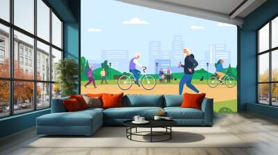 Elderly activity park. Senior people running, elder cyclist on bicycle, older man walking in summer nature, retired athlete lifestyle, fitness jogging, garish vector illustration Wall mural