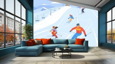 Family at ski resort. Snowboarder on snow slope, winter skiing mountain elevator, kid skier on alpine lift, holiday vacation alps, travel activity sport, swanky vector illustration Wall mural