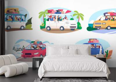 Family drive trip. Father driving car go to travel parent vacation, caravan auto with baggage dog kid friends summer winter journey holiday excursion Wall mural