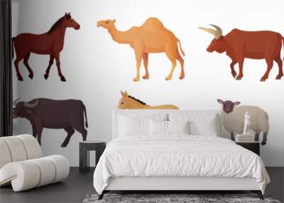 Farm draft animals. Breeds animal asian or african countries, indian cows breeding camels, sheepfarm, barnyard bull camel horse sheep buffalo zebu ox, ingenious vector illustration Wall mural