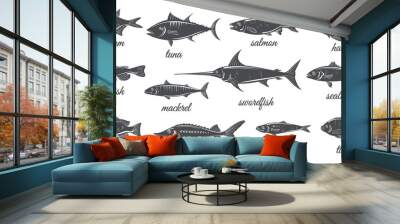 Freshwater and marine silhouette fishes. Fish vintage silhouettes, catfish halibut tilapia salmon mackerel tuna bass sardine swordfish sterlet bream etching seafood menu neat icons Wall mural