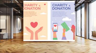 Fundraising event poster. Charity flyers template, volunteer hand giving donation, sponsor support humanitarian help philanthropy community assistance brochure vector illustration Wall mural