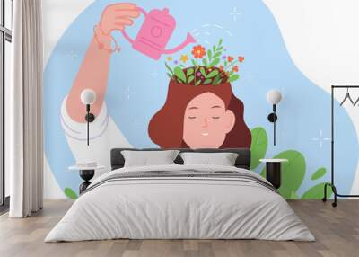 Growth positive think. Optimistic thinking, confident woman pouring flower in self head brain, fulfillment mental health mind care mindset, psychology concept vector illustration Wall mural