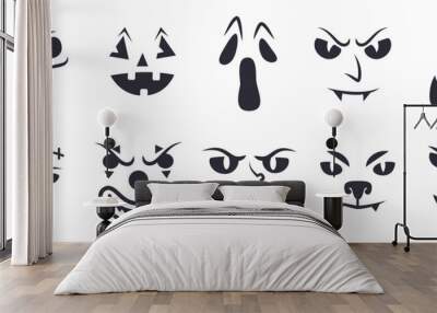 Halloween faces stencil. Ghostly freak face carving for pumpkin lantern, creepy eyes evil vampire dracula or goblin smile ghoul silhouette template, ingenious vector illustration Wall mural