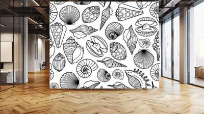 Hand drawn sea shells black vector seamless pattern. Seashells texture background Wall mural