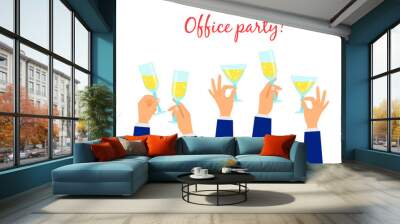 Hands holding champagne glasses party background Wall mural