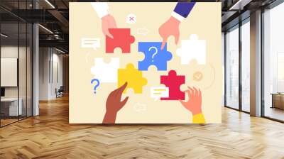 Hands jigsaw solution. People cartoon hand hold connected puzzle piece combination together, search solved mosaic best science team, employee teamwork concept vector illustration Wall mural