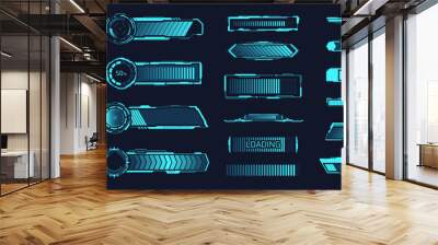 Hud loaders. Loading bar speed progress elements, radial timeline stages, glowing diagrams tech scale download complete, neon progressbar load sci fi status, ui vector illustration Wall mural